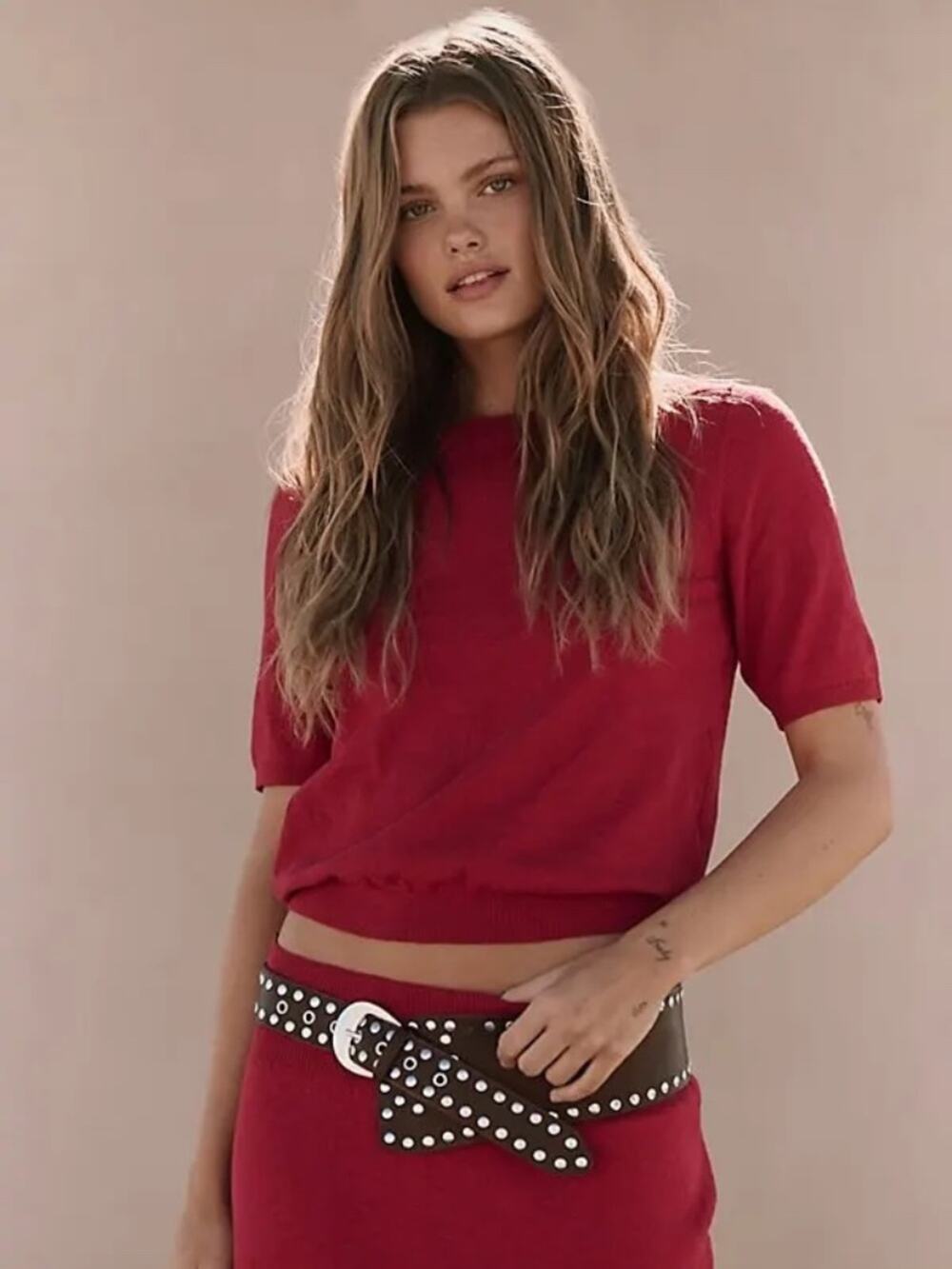 Free People Free-est Isabella Linen Blend Sweater in Deep Cherry Size Large Boho